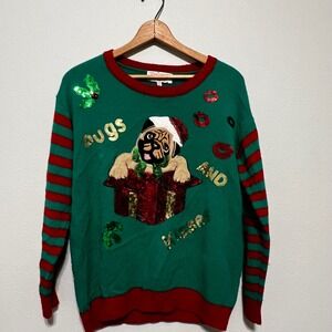 POOF New York Pugs and Kisses Ugly Christmas Sweater Green Red Pug Sequin M